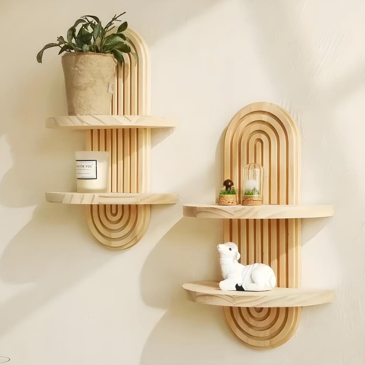 Arched Wall Shelves With Floating Natural Wood Design