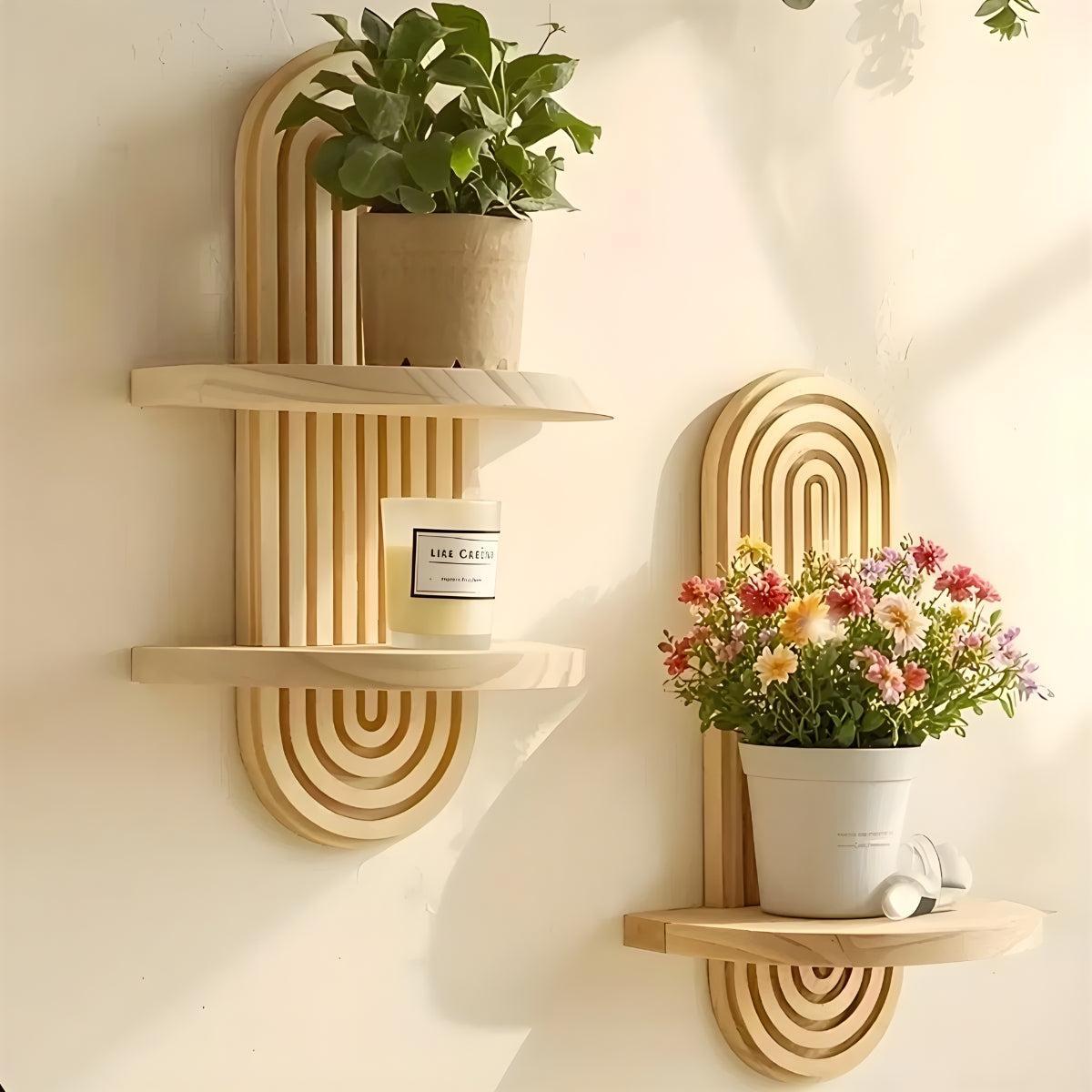 Arched Wall Shelves With Floating Natural Wood Design