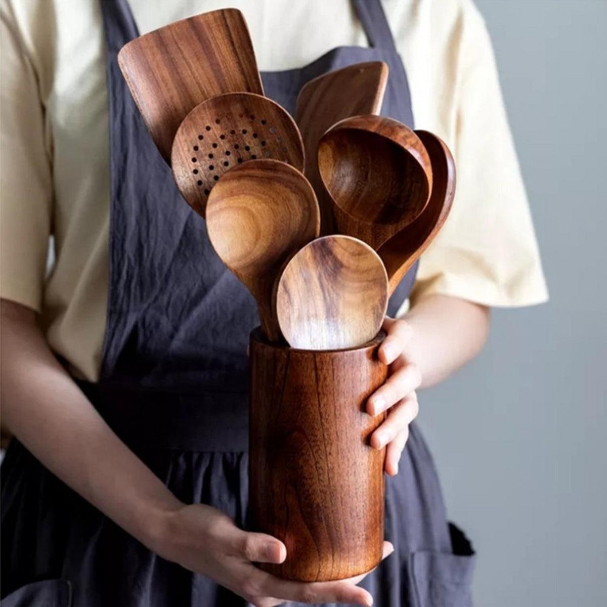 Complete Wooden Kitchen Utensils Set With Spatula And Spoons
