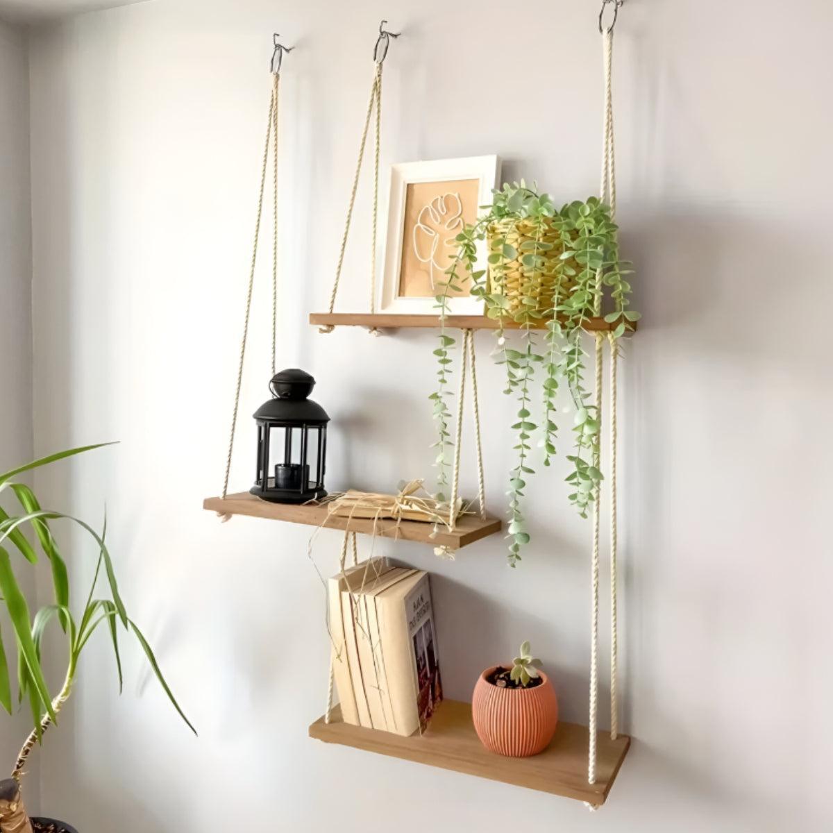 Floating Hanging Wall Mounted Shelves With Natural Wood Design