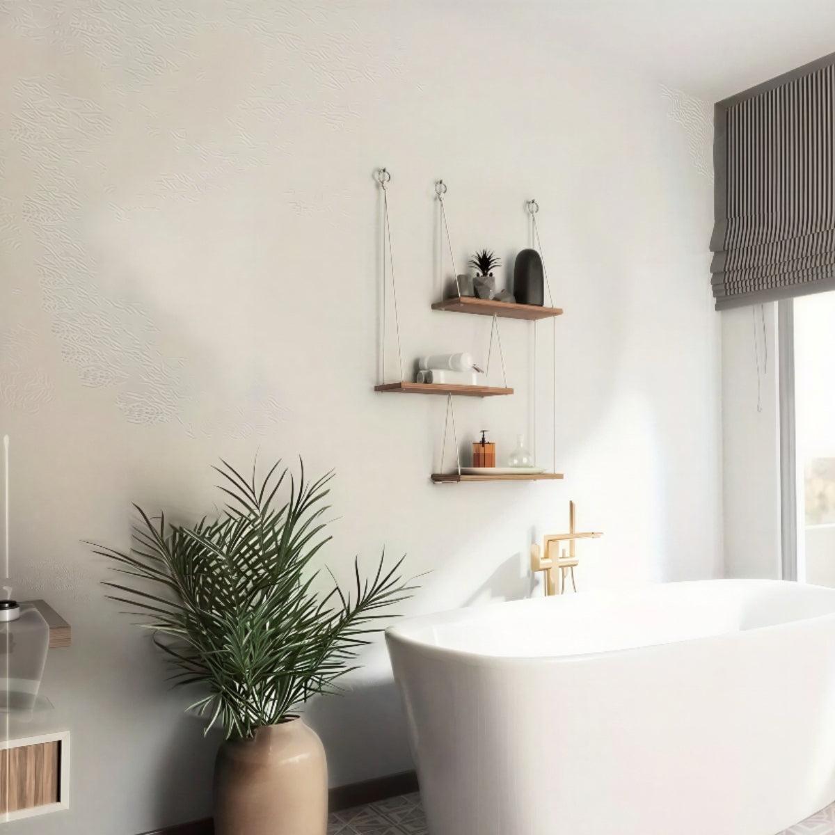 Floating Hanging Wall Mounted Shelves With Natural Wood Design