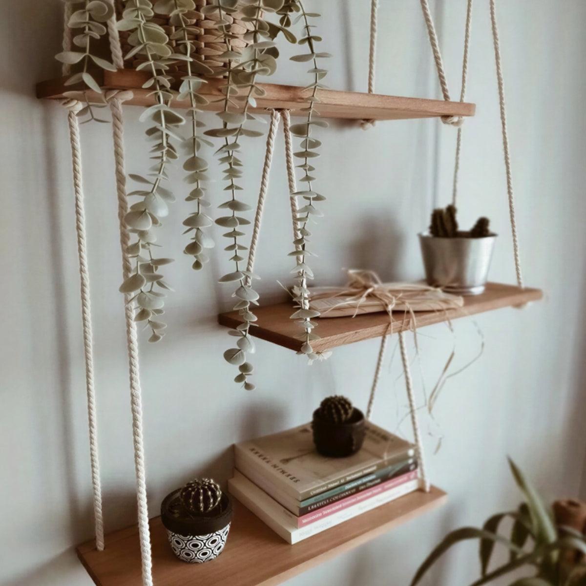 Floating Hanging Wall Mounted Shelves With Natural Wood Design