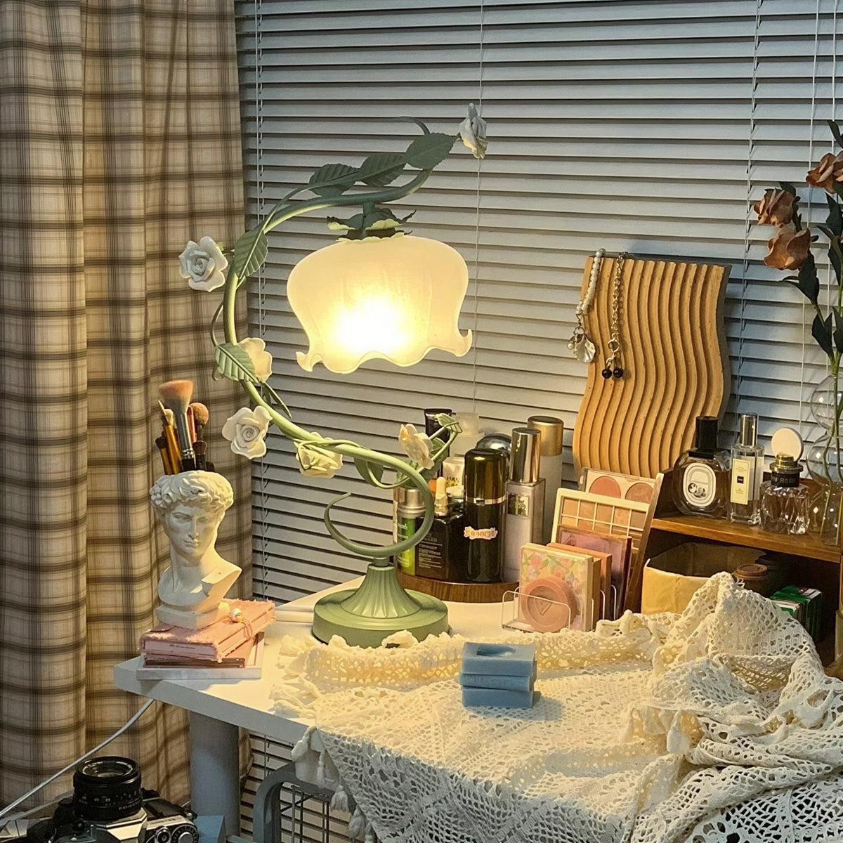 Floral Rose Flower Table Lamp With Glass Shade For Bedroom