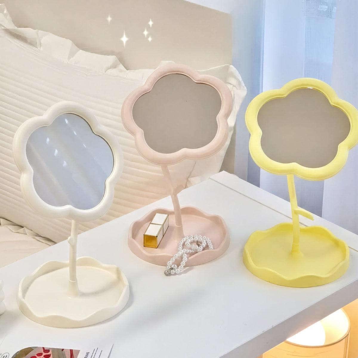 Flower Shaped Tabletop Vanity Mirror With Jewelry Storage Tray