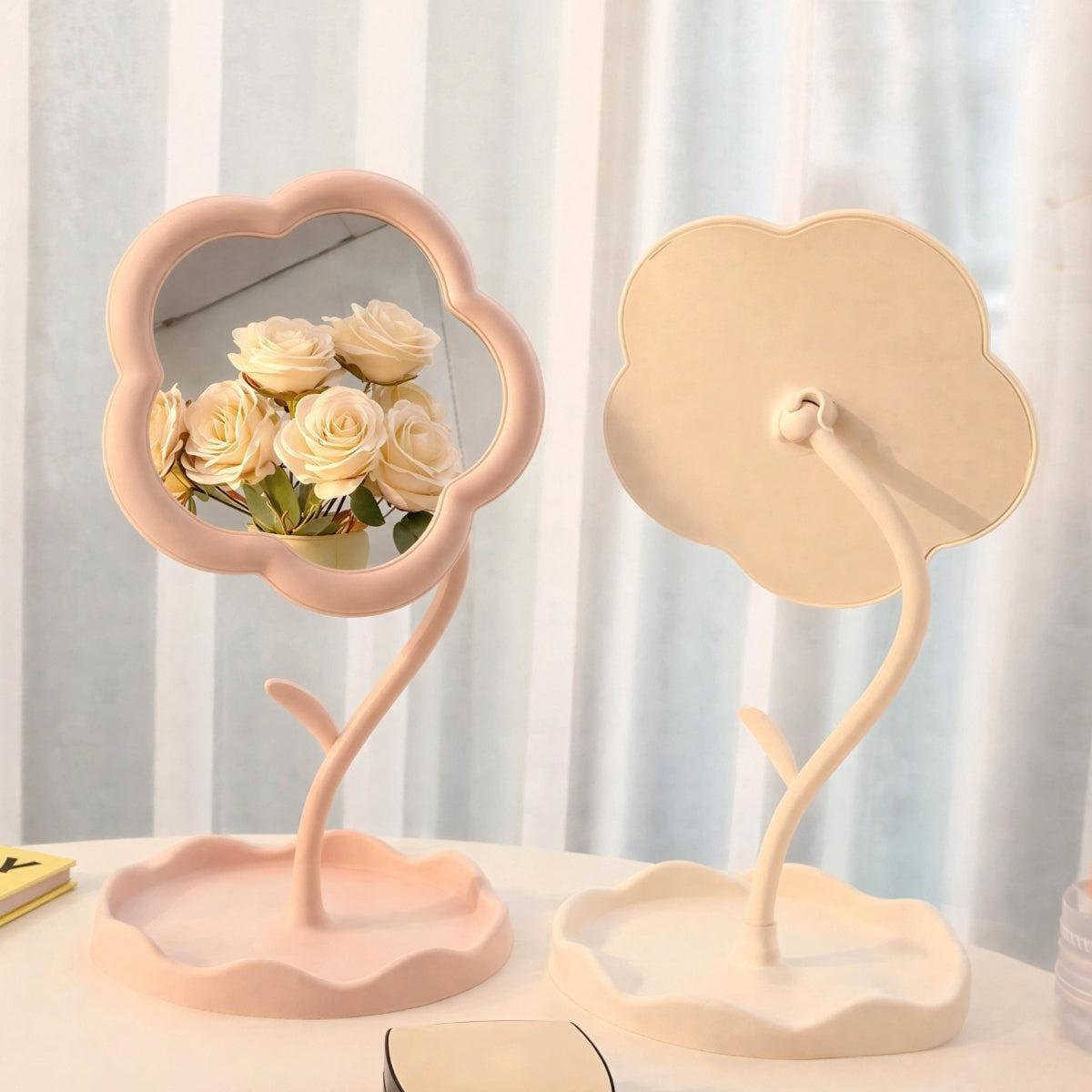 Flower Shaped Tabletop Vanity Mirror With Jewelry Storage Tray