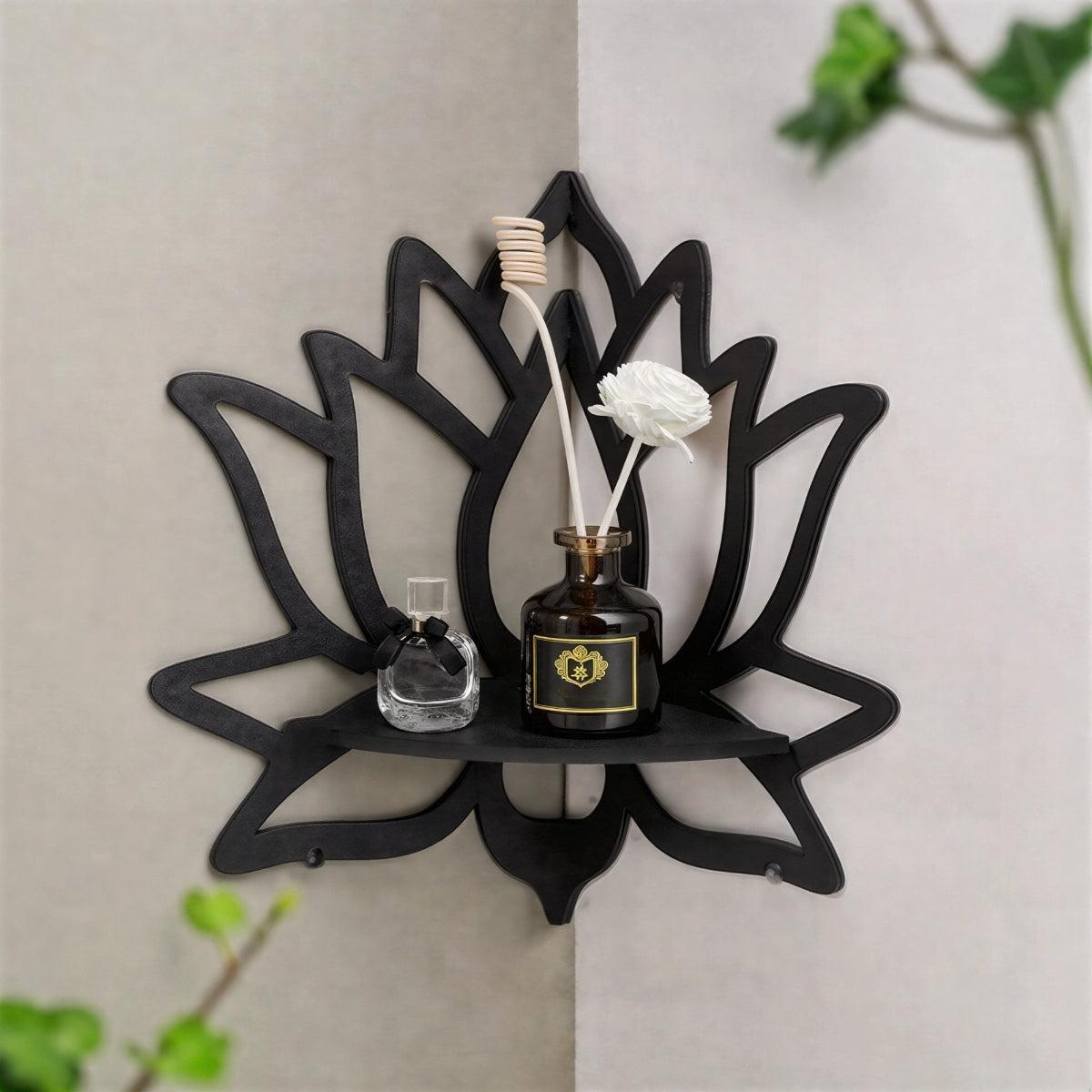 Lotus Flower Styled Wall Mounted Floating Corner Shelf With Crystal Holder