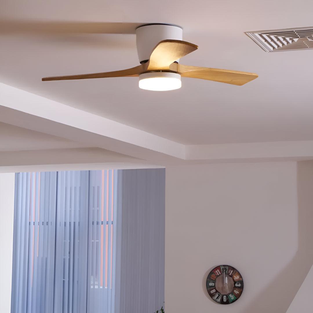 Modern Nordic Wooden Overhead Ceiling Fan Light With Flush Mount Design