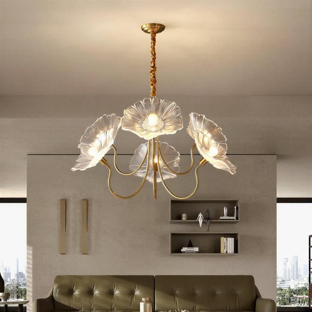 Modern Sculptural Chandelier Ceiling Light Fixture With Glass Lotus Petal Shades
