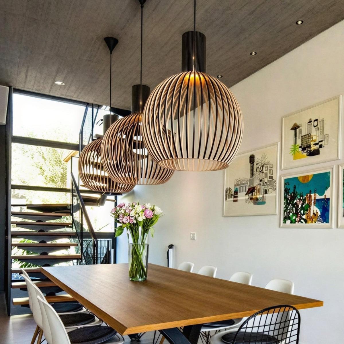 Open Wooden Caged Pendant Light Fixture With Adjustable Height