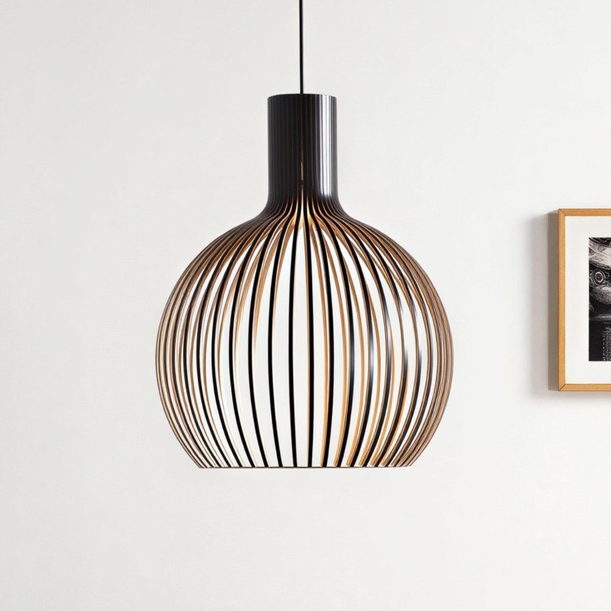 Open Wooden Caged Pendant Light Fixture With Adjustable Height