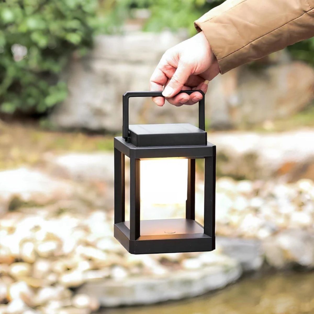 Portable Outdoor Solar Powered Lantern With Hollow Square Cube Design