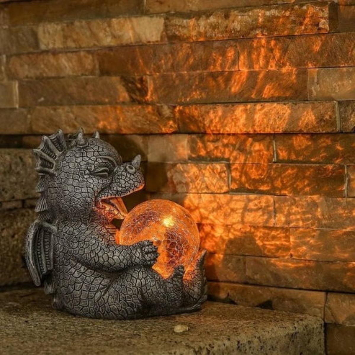 Solar Powered Dragon Garden Statue With Enchanting Glowing Accent Globe