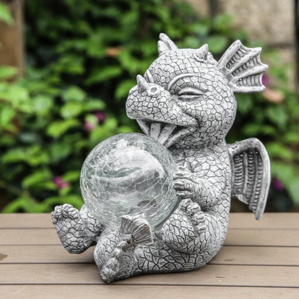 Solar Powered Dragon Garden Statue With Enchanting Glowing Accent Globe