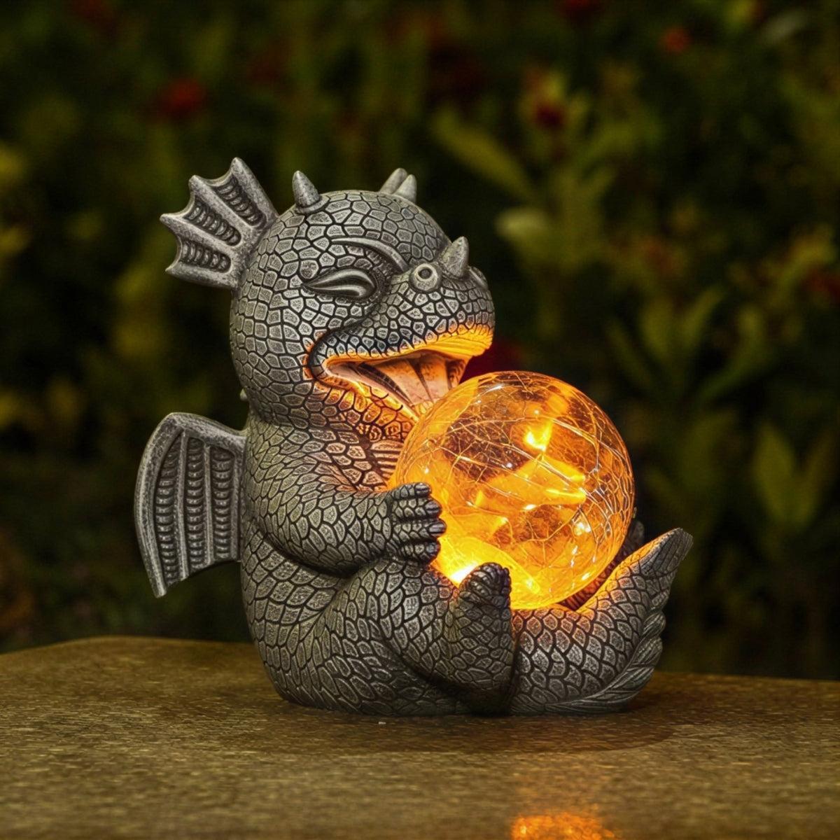 Solar Powered Dragon Garden Statue With Enchanting Glowing Accent Globe