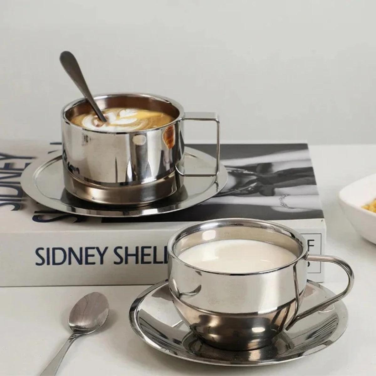 Stainless Steel Double Wall Insulated Espresso Coffee Cup With Saucer And Stirring Spoon