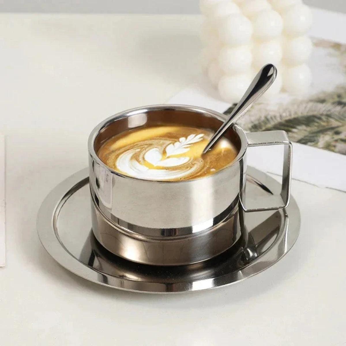 Stainless Steel Double Wall Insulated Espresso Coffee Cup With Saucer And Stirring Spoon