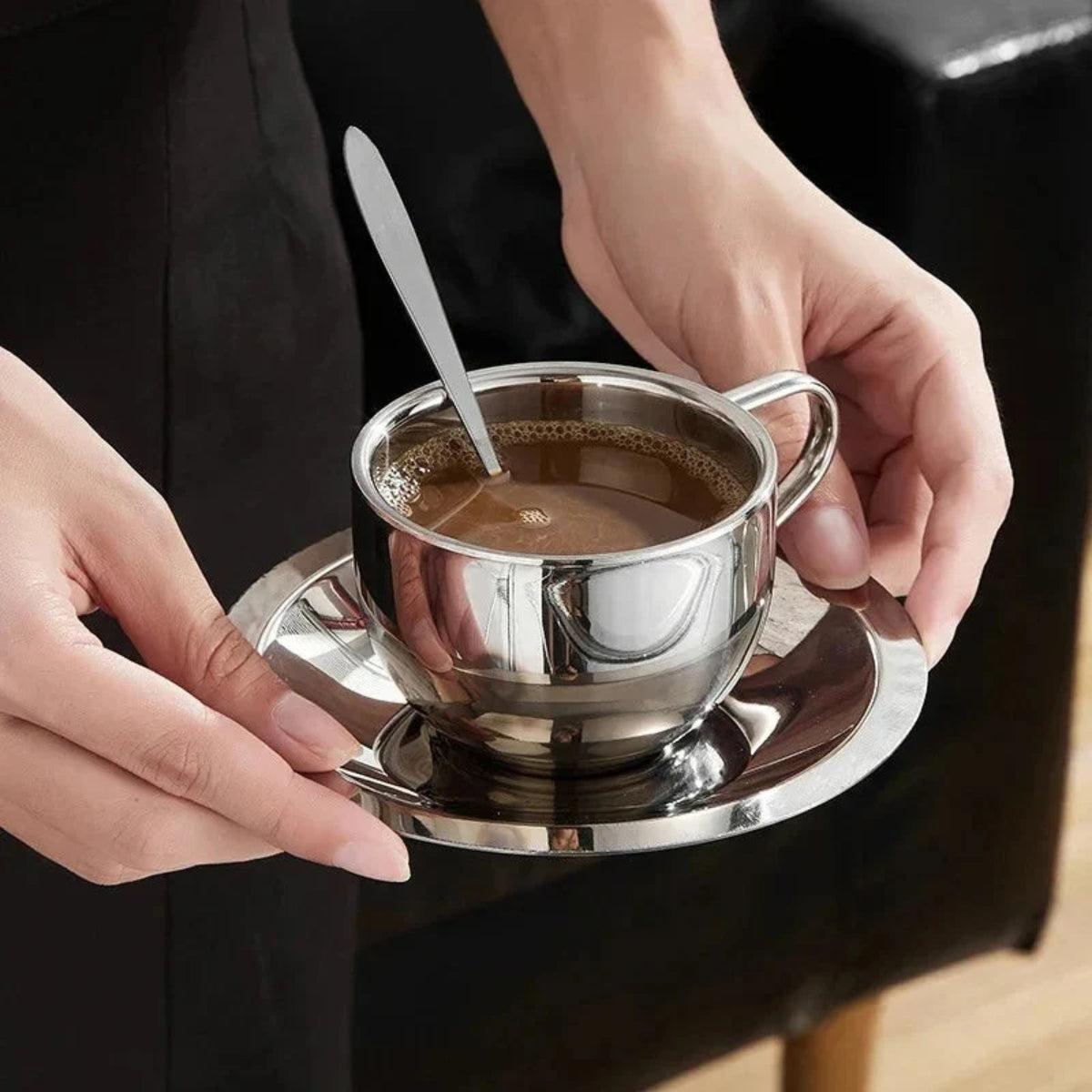 Stainless Steel Double Wall Insulated Espresso Coffee Cup With Saucer And Stirring Spoon