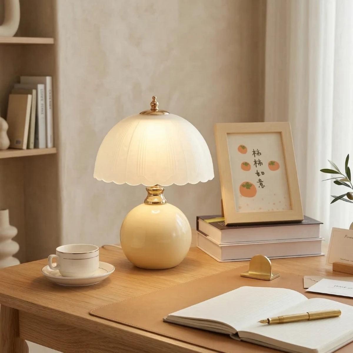 Table Lamp With Spherical Round Base And Scalloped Shade
