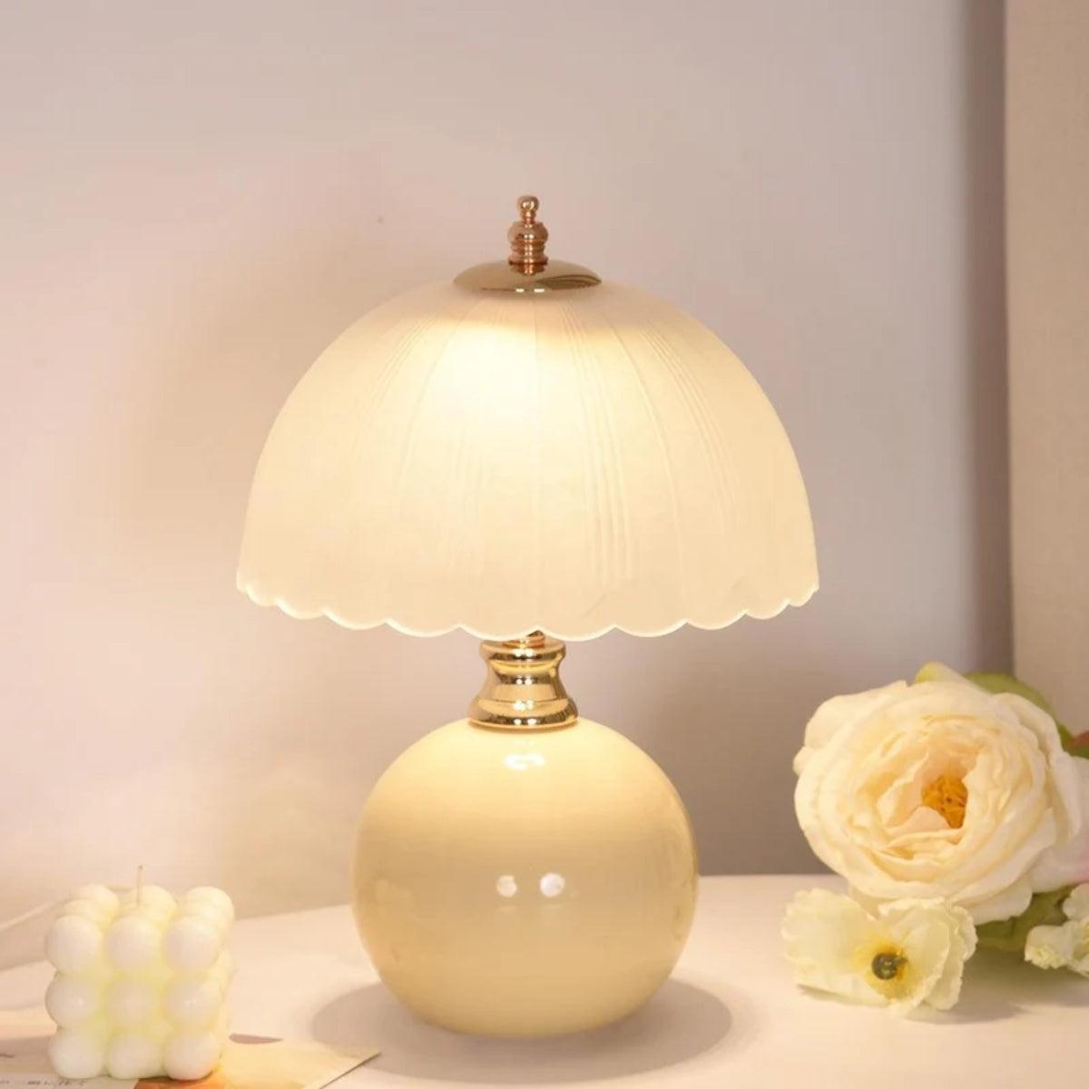 Table Lamp With Spherical Round Base And Scalloped Shade