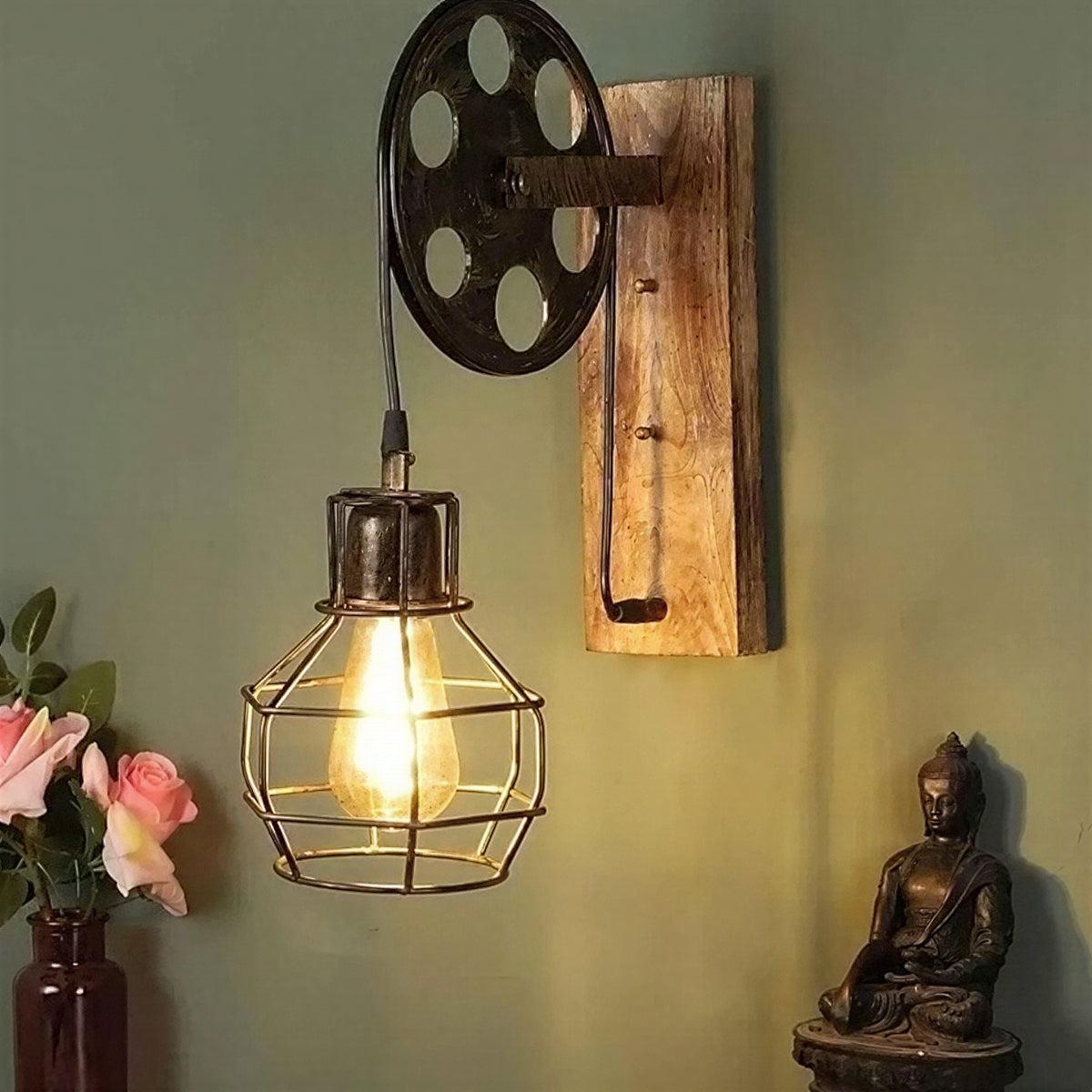 Vintage Retro Wall Sconce With Pulley And Cage Design