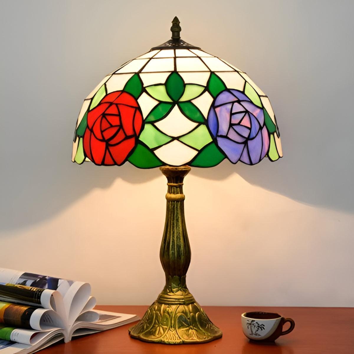 Vintage Stained Glass Table Lamp With Floral Pattern
