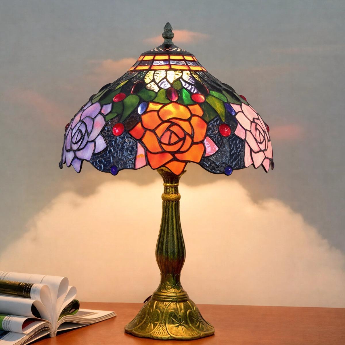 Vintage Stained Glass Table Lamp With Floral Pattern