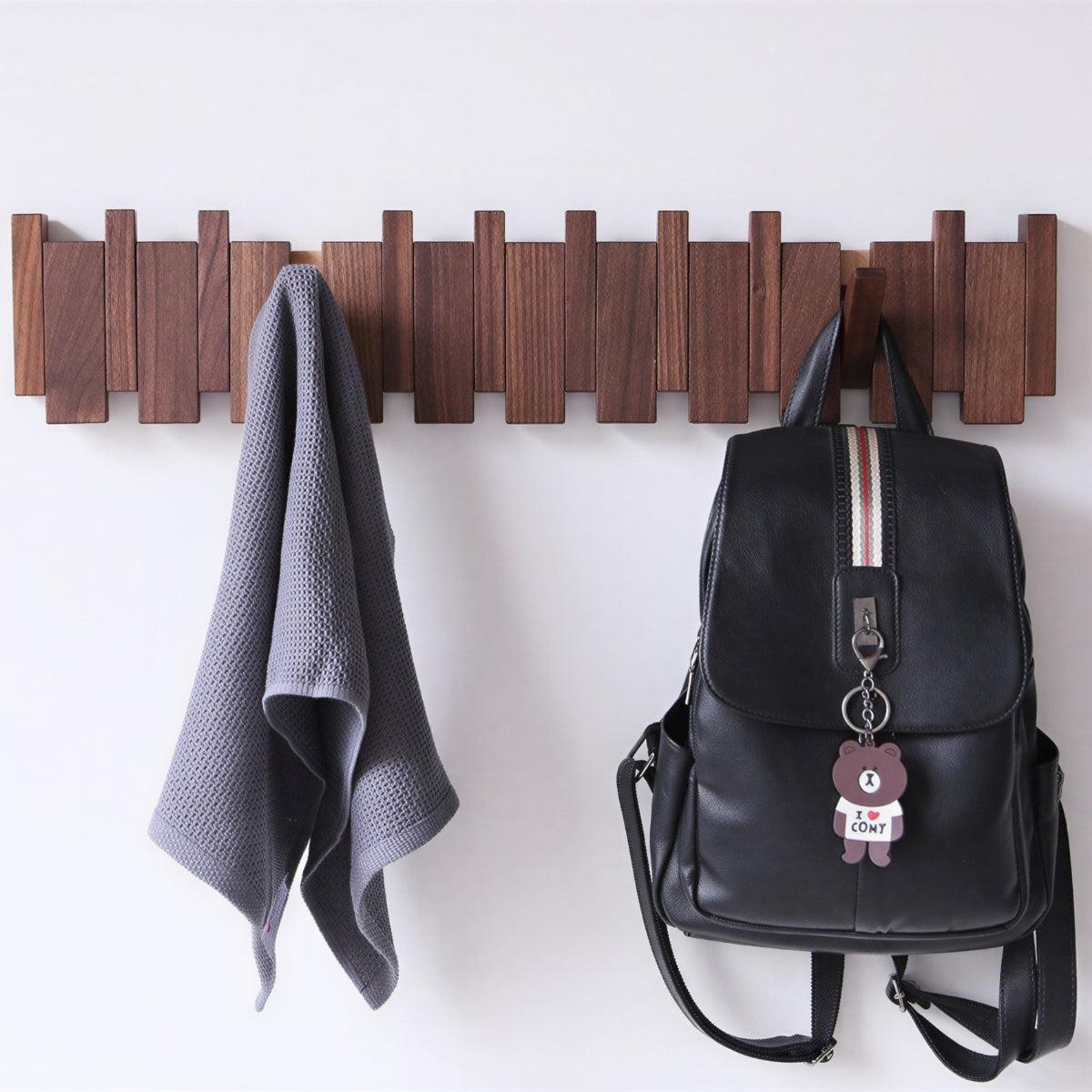 Wall Mounted Coat Rack With Piano Style Hooks And Key Holder For Entryway