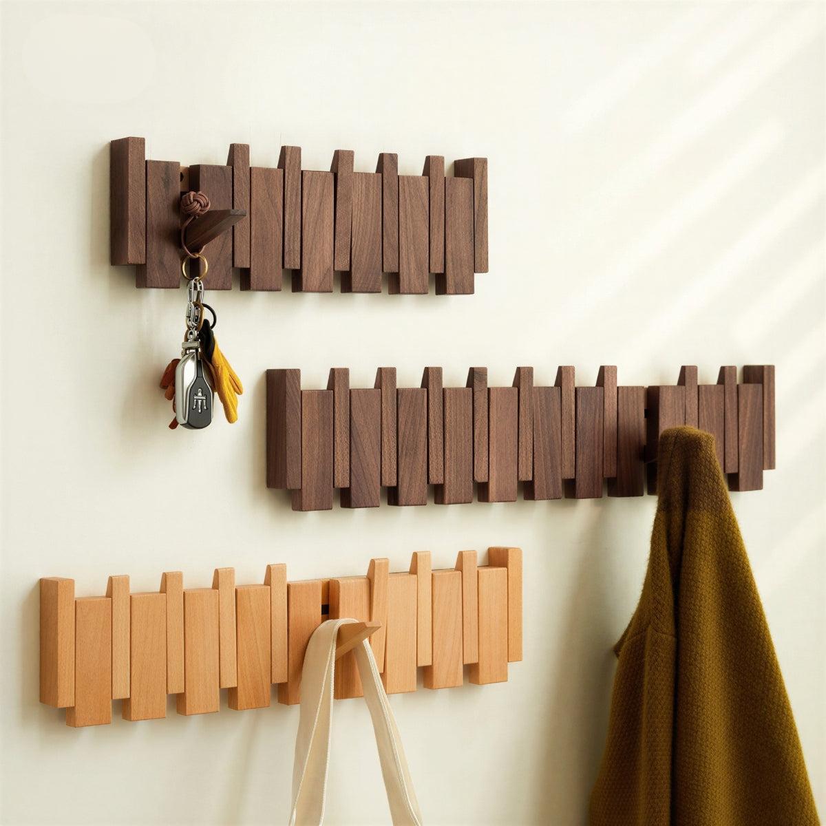 Wall Mounted Coat Rack With Piano Style Hooks And Key Holder For Entryway