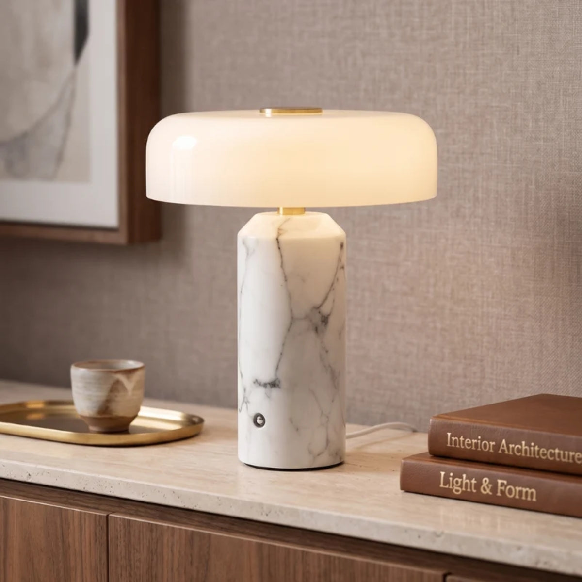 Cordless Table Lamp With Opal Styled Shade And Marble Base