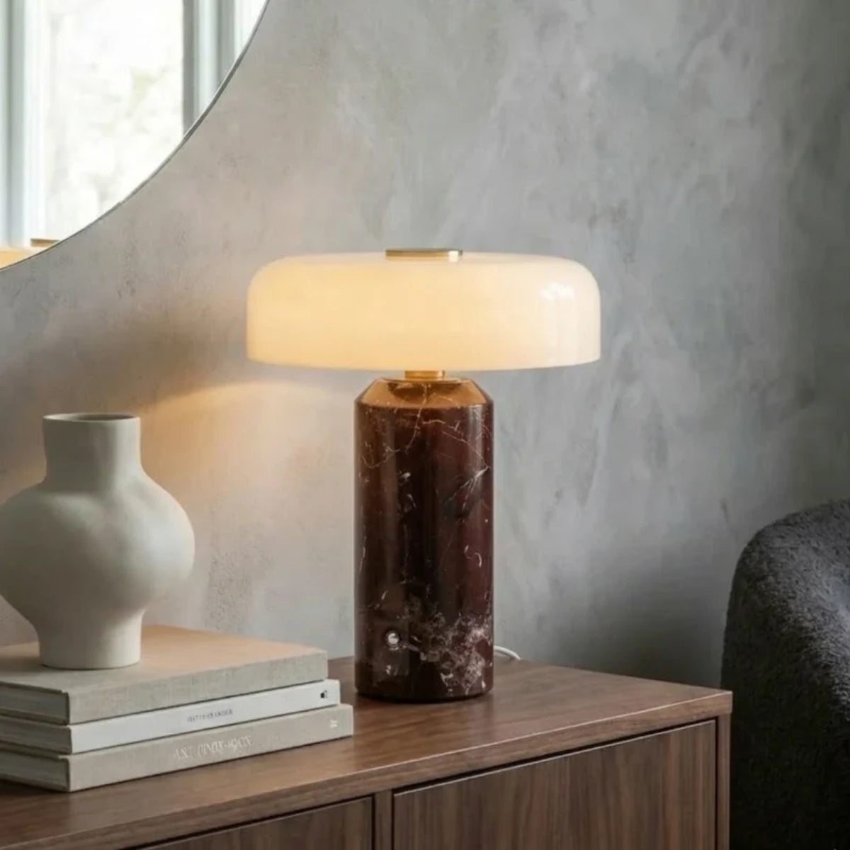 Cordless Table Lamp With Opal Styled Shade And Marble Base