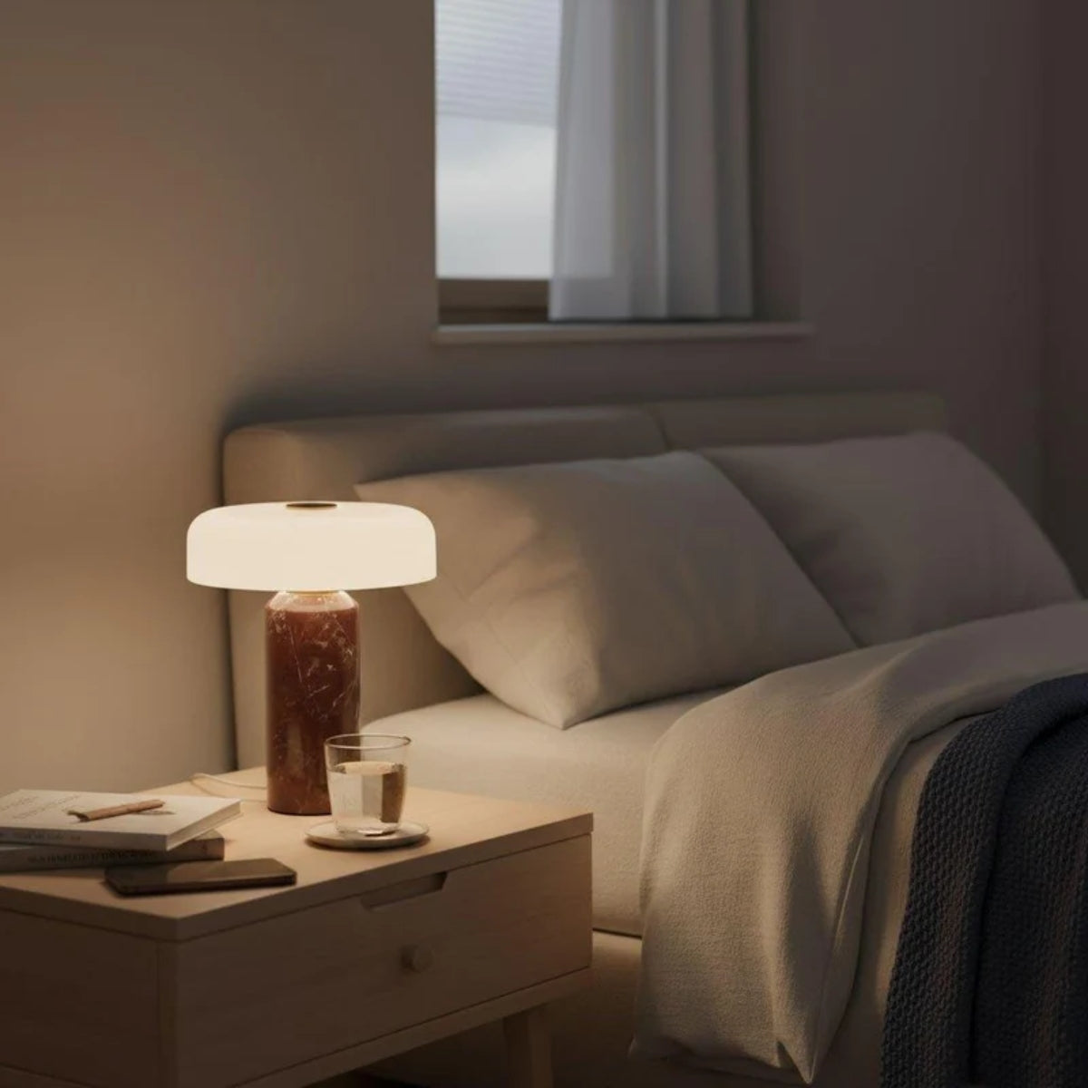 Cordless Table Lamp With Opal Styled Shade And Marble Base