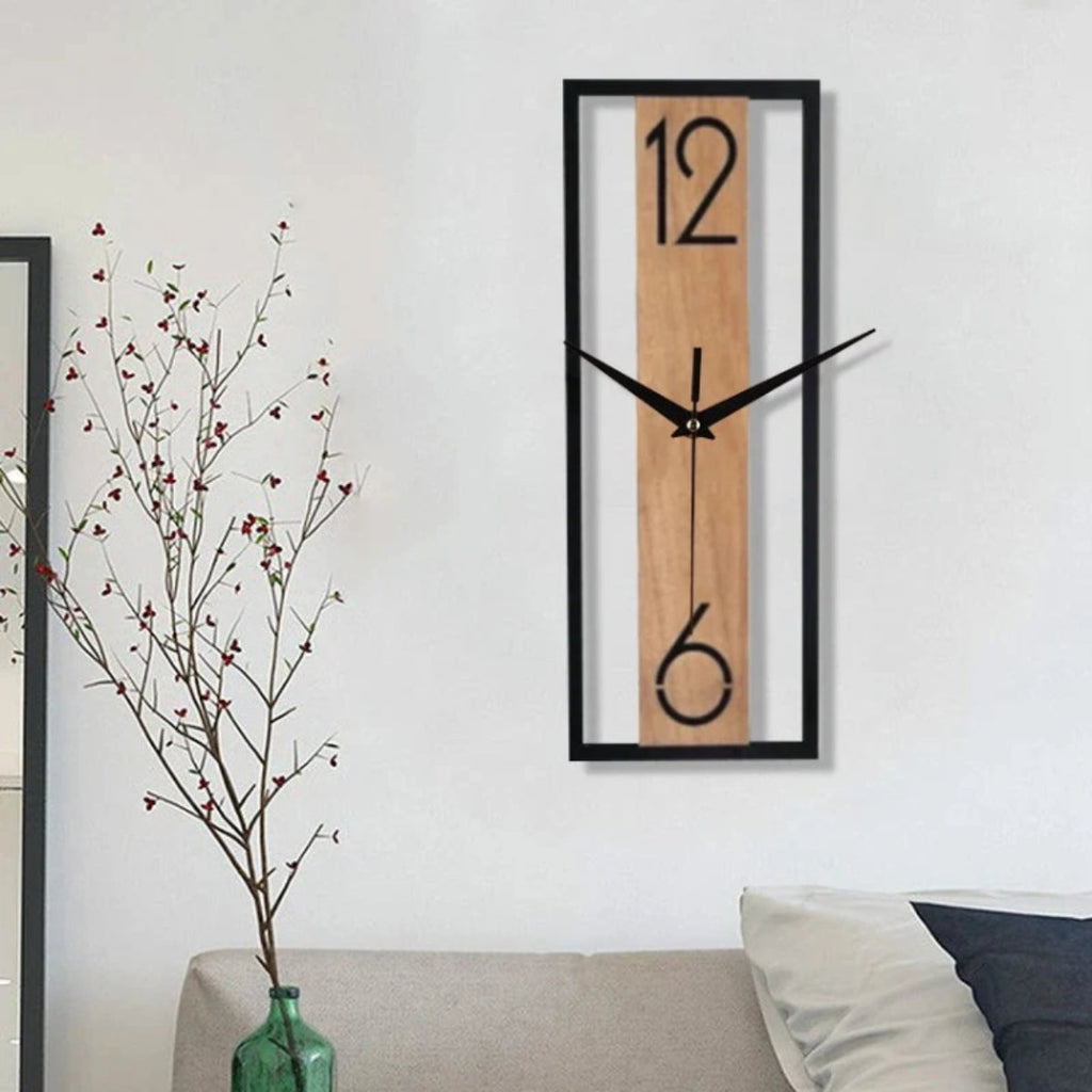 Wood And Metal Styled Slim Rectangular Wall Clock With Silent Ticking