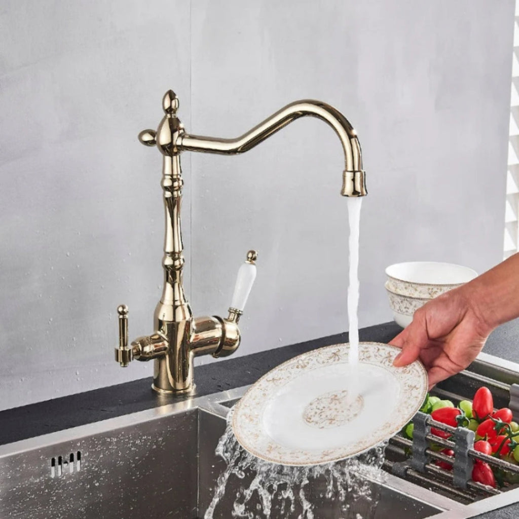 Antique Kitchen Faucet With Filtered Water And Swivel Spout Design