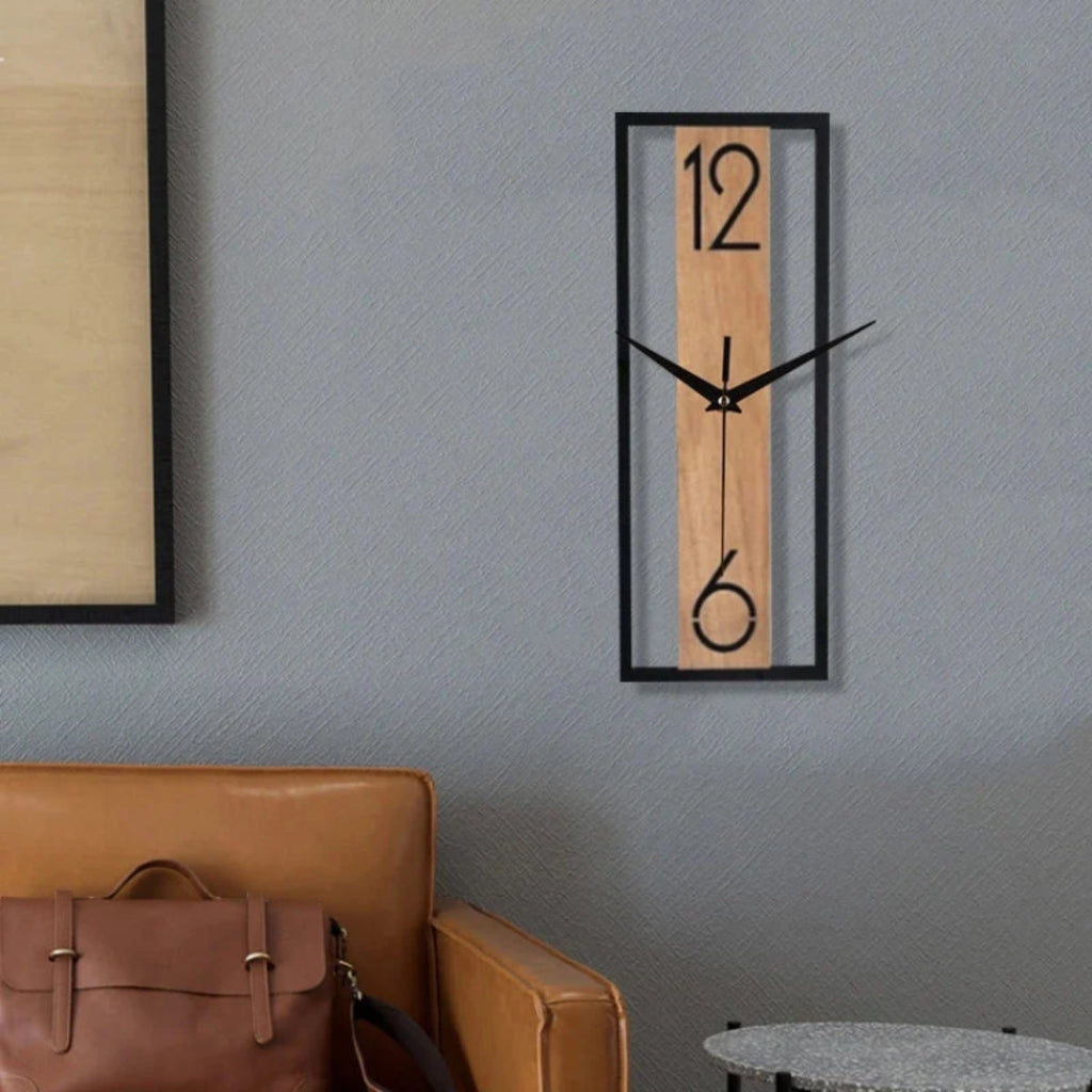 Wood And Metal Styled Slim Rectangular Wall Clock With Silent Ticking