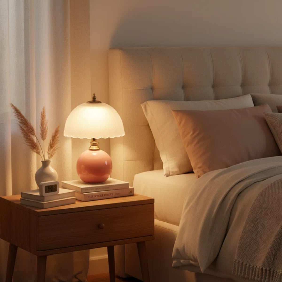 Table Lamp With Spherical Round Base And Scalloped Shade