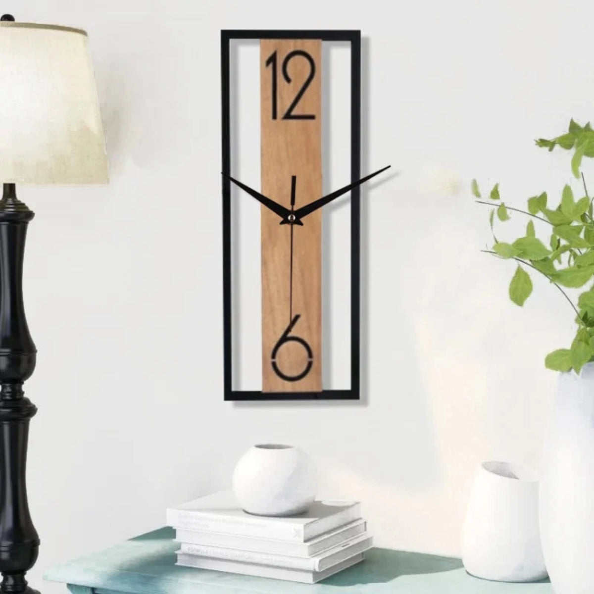 Wood And Metal Styled Slim Rectangular Wall Clock With Silent Ticking