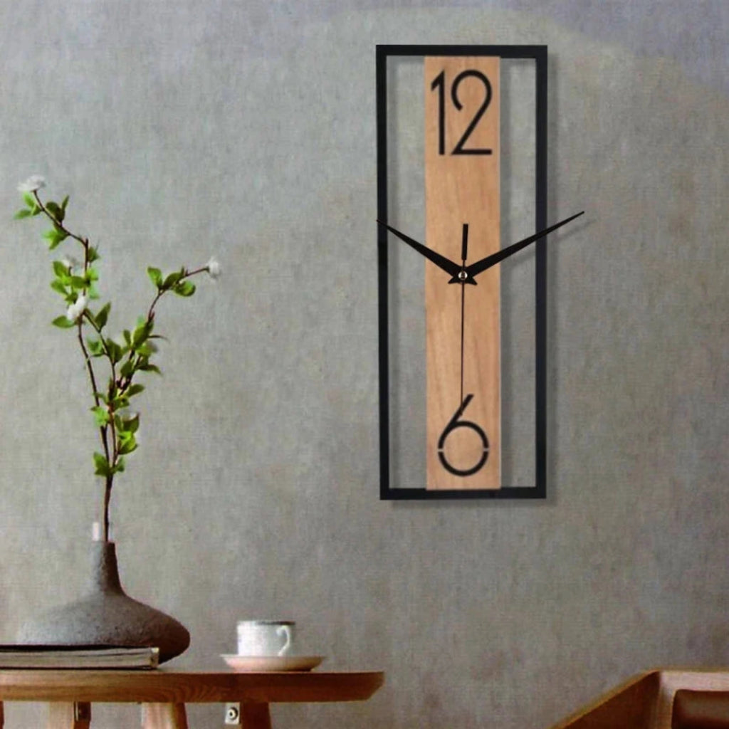 Wood And Metal Styled Slim Rectangular Wall Clock With Silent Ticking