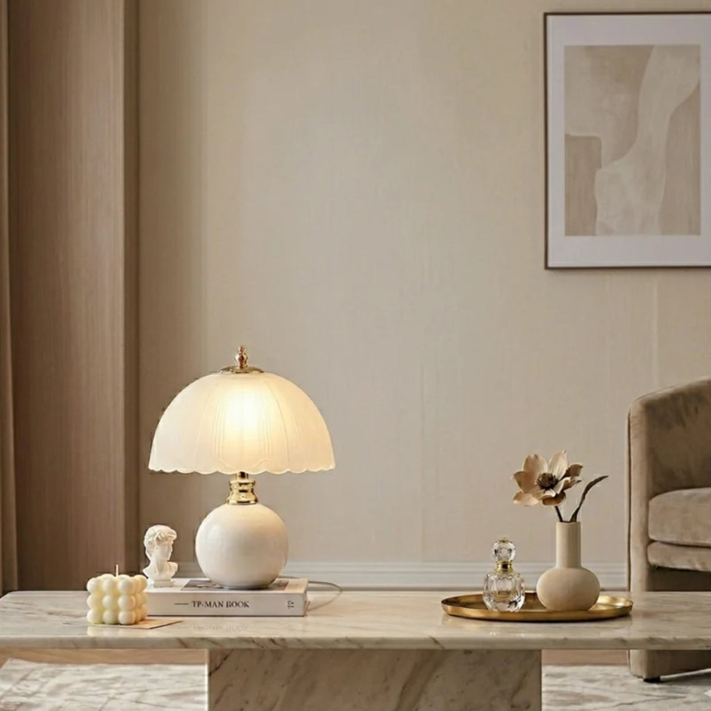 Table Lamp With Spherical Round Base And Scalloped Shade