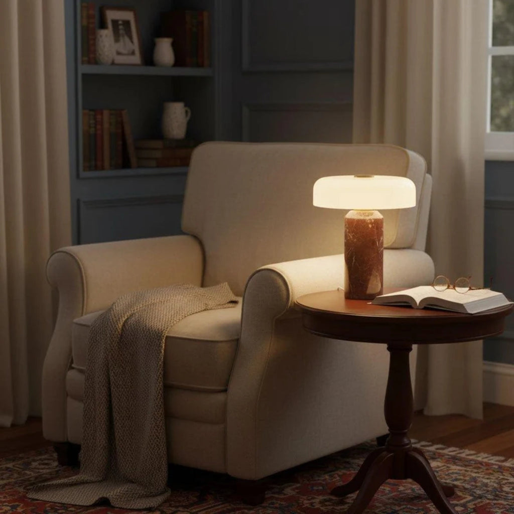 Cordless Table Lamp With Opal Styled Shade And Marble Base