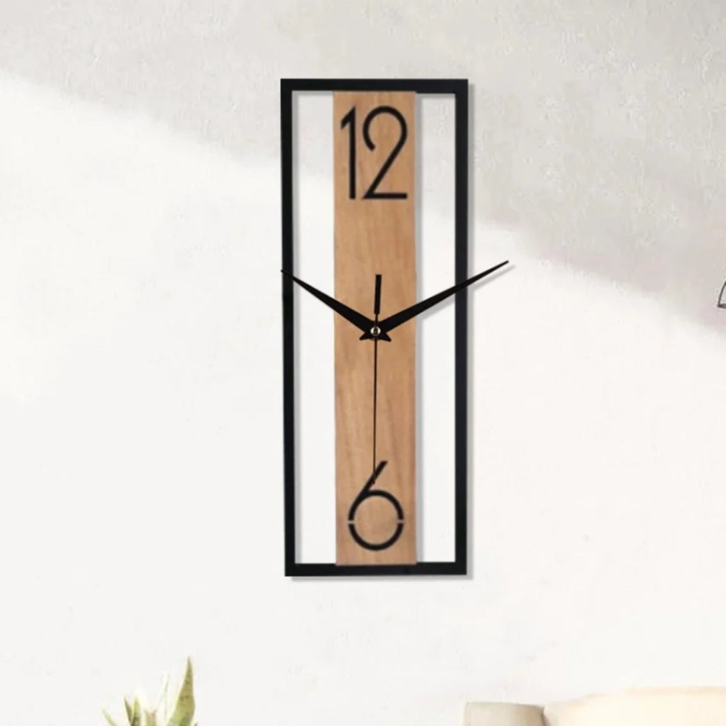 Wood And Metal Styled Slim Rectangular Wall Clock With Silent Ticking