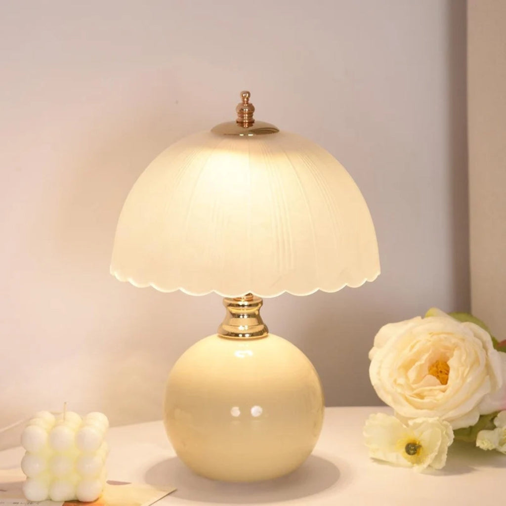 Table Lamp With Spherical Round Base And Scalloped Shade