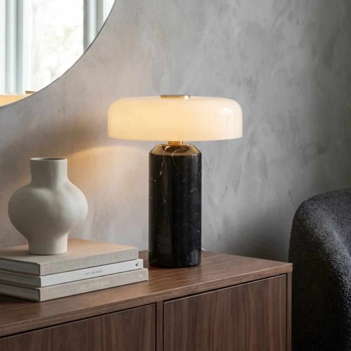 Cordless Table Lamp With Opal Styled Shade And Marble Base
