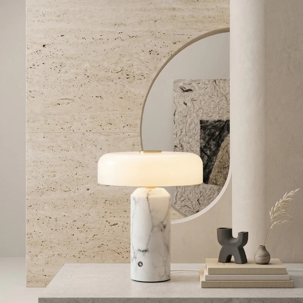 Cordless Table Lamp With Opal Styled Shade And Marble Base