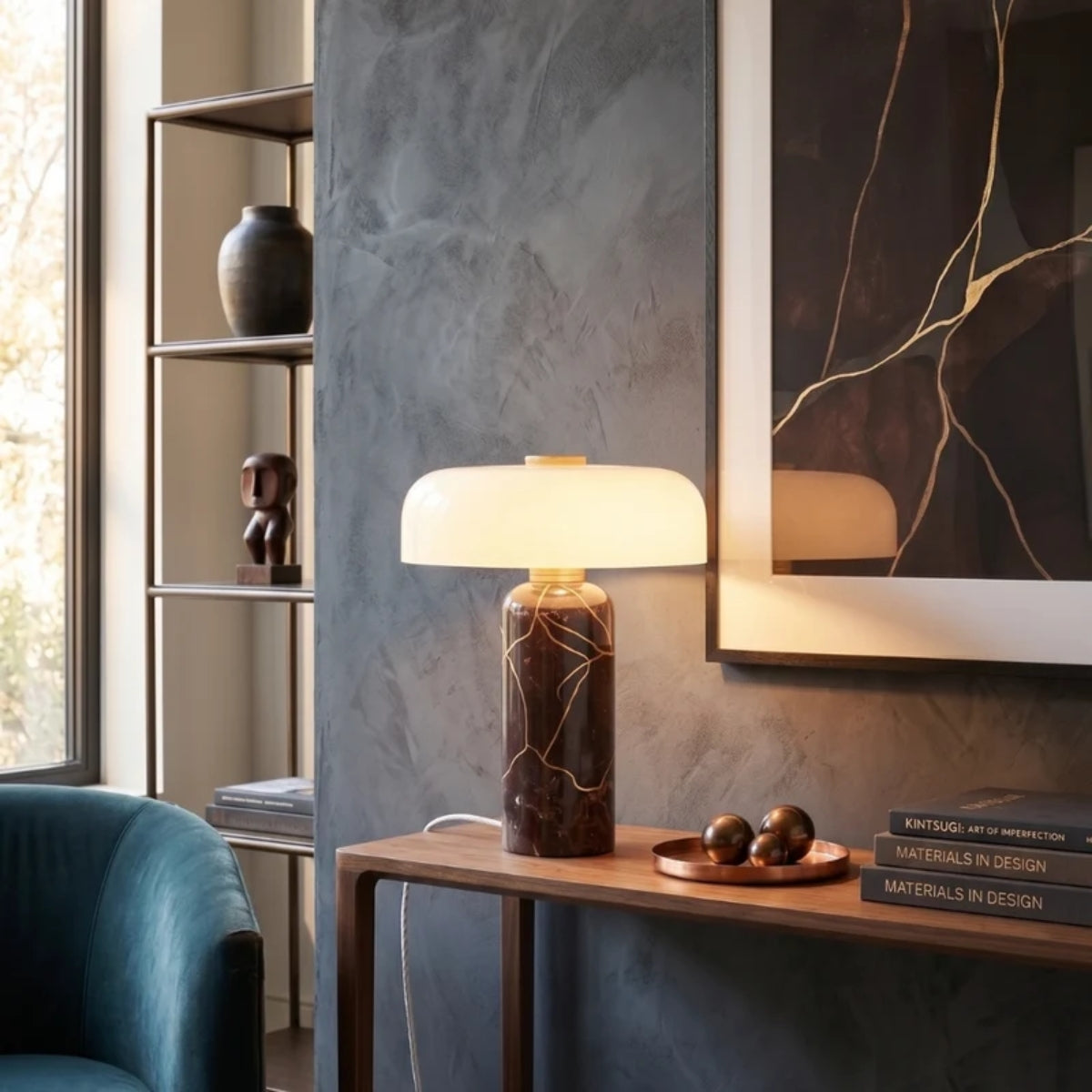 Cordless Table Lamp With Opal Styled Shade And Marble Base
