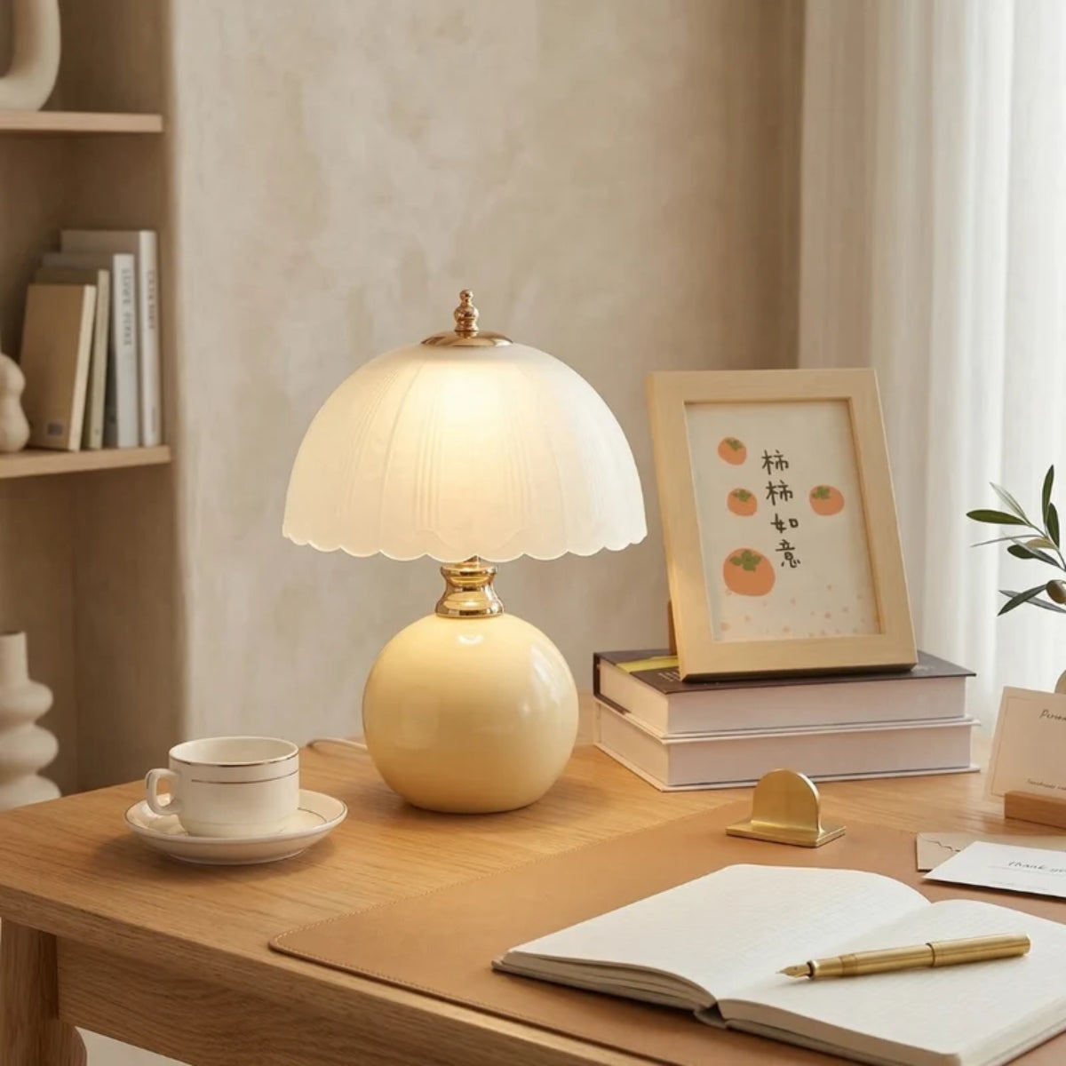 Table Lamp With Spherical Round Base And Scalloped Shade