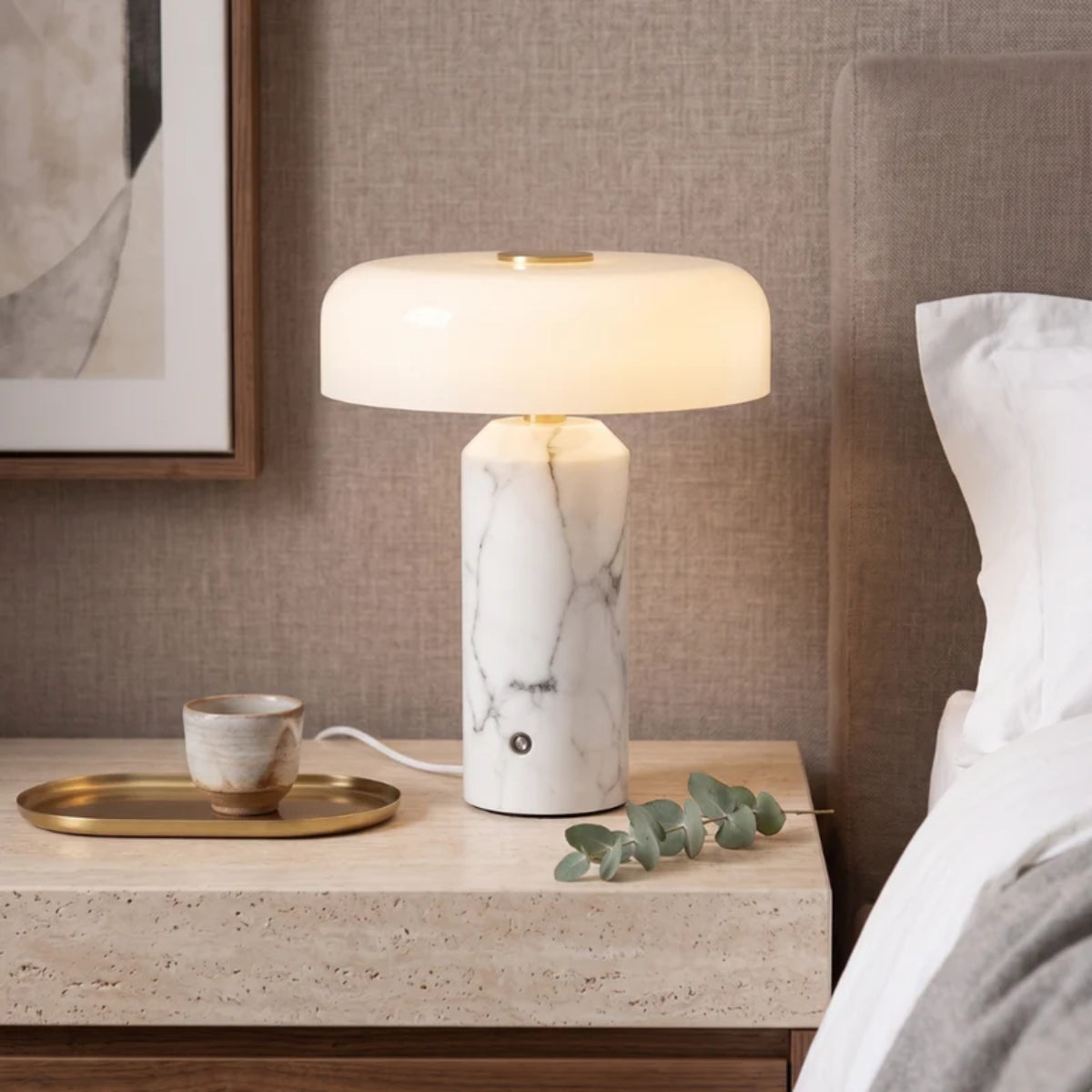 Cordless Table Lamp With Opal Styled Shade And Marble Base
