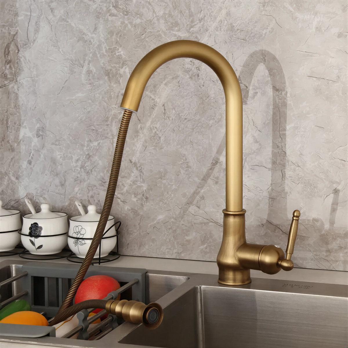 Antique Styled Kitchen Sink Faucet With Swivel And High-Arc Single Handle Spout