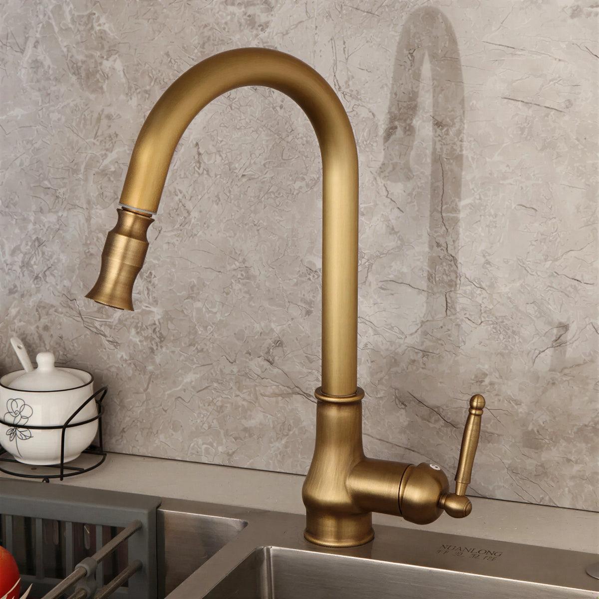 Antique Styled Kitchen Sink Faucet With Swivel And High-Arc Single Handle Spout