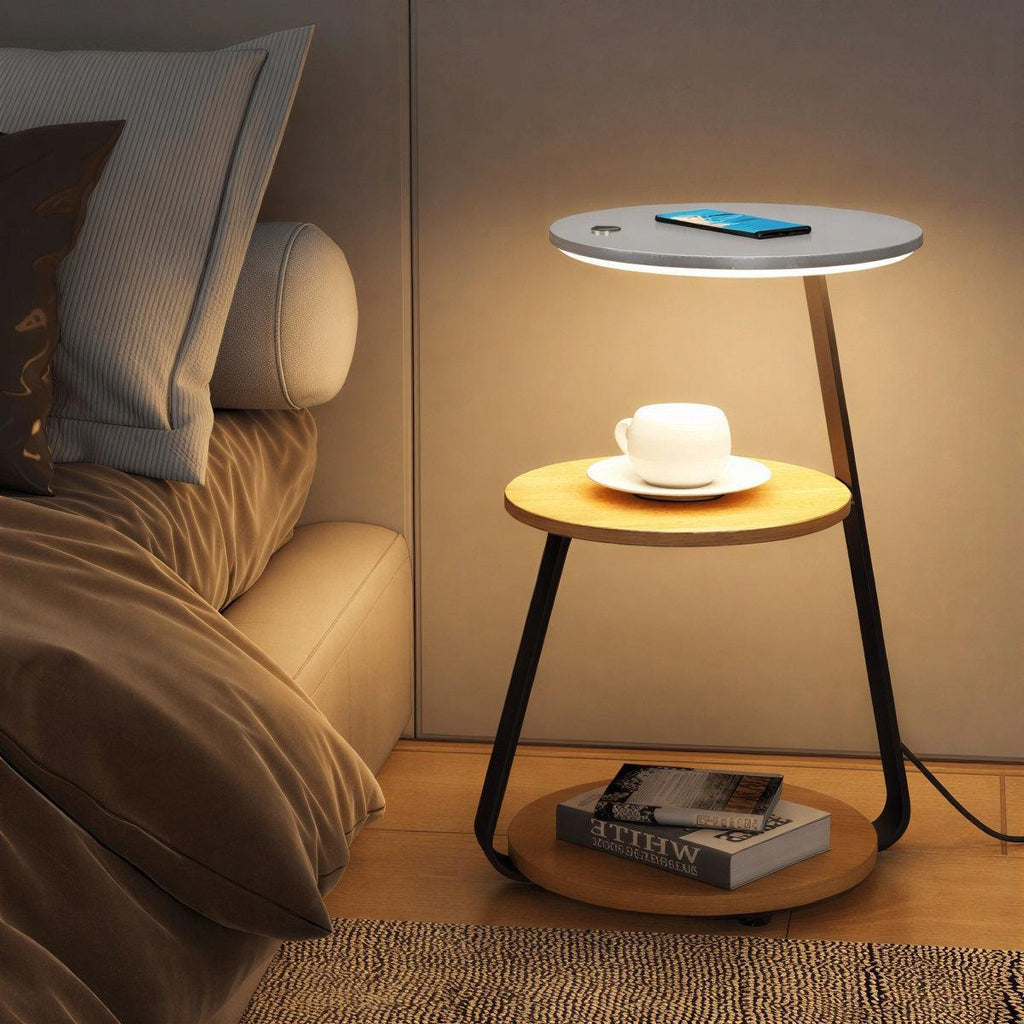 Bedside Nightstand Table With Integrated Lamp And Double Tiered Storage