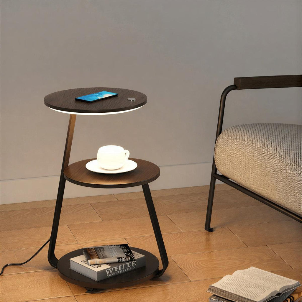 Bedside Nightstand Table With Integrated Lamp And Double Tiered Storage